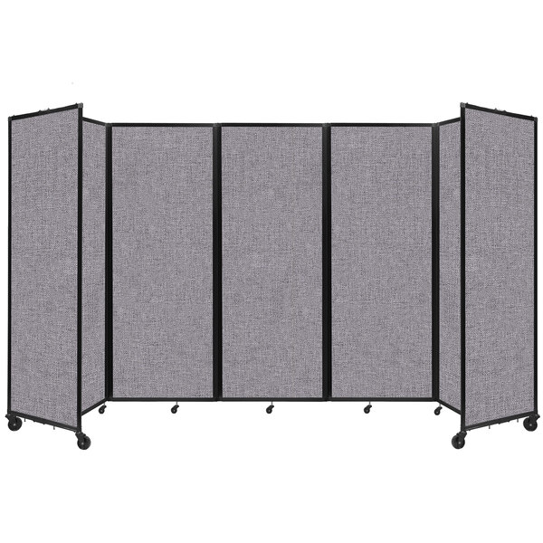 A Versare Cloud Gray foldable room divider on wheels.