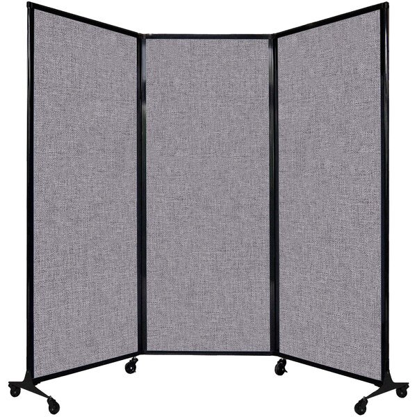 A Versare Cloud Gray Quick-Wall folding room divider with wheels.