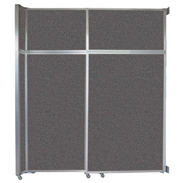 A charcoal grey Versare sliding room divider with silver metal frames.