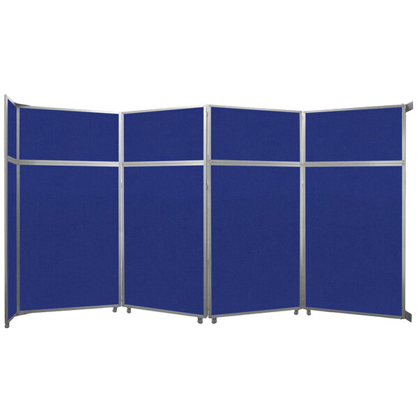 A royal blue Versare folding room divider with silver trim.