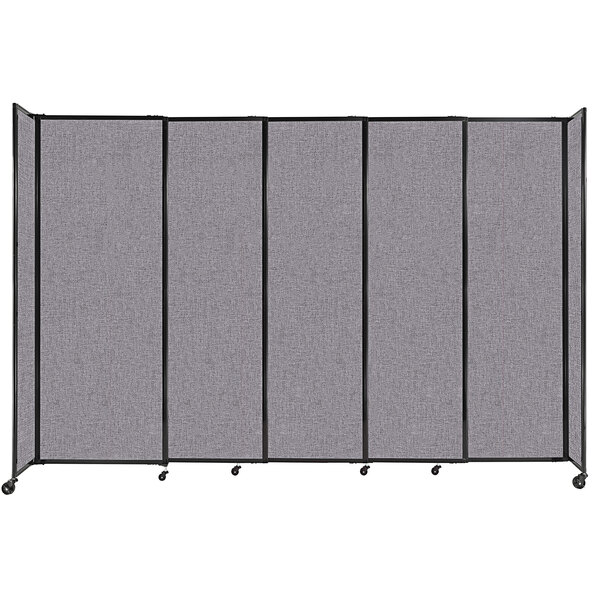 A Versare Cloud Gray StraightWall sliding room divider with black trim.