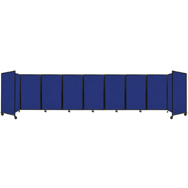 A group of Versare Royal Blue foldable room dividers with black trim on wheels.