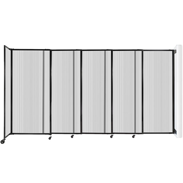A clear Poly StraightWall wall-mounted sliding room divider with black metal frame.