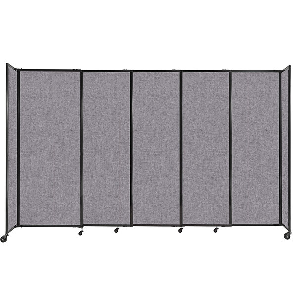 A Versare Cloud Gray StraightWall sliding room divider with black trim on wheels.