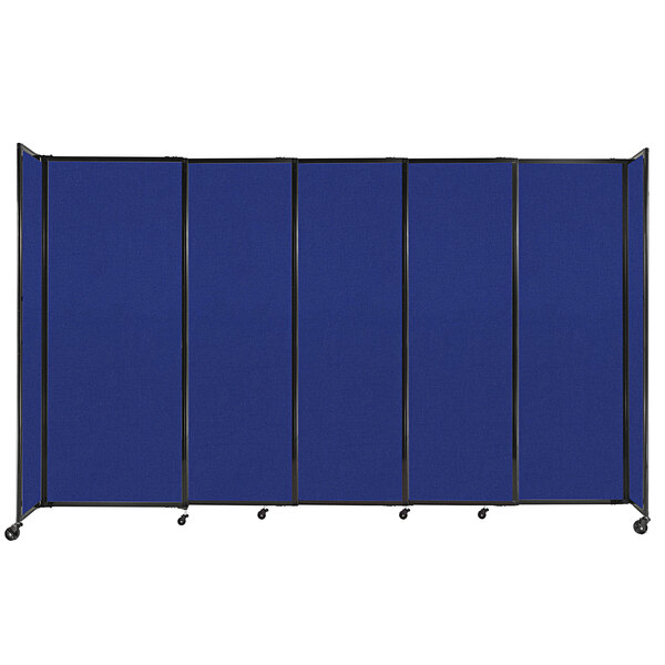 A blue room divider with wheels on the bottom.