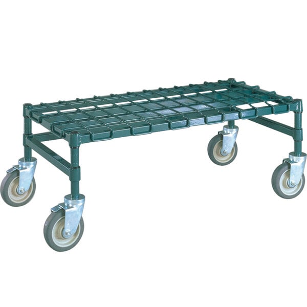 A green Metro dunnage rack with wheels.