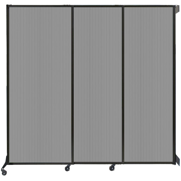 A light gray Versare Quick-Wall sliding room divider with a black frame.