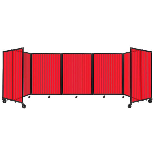 A red Versare polycarbonate folding room divider with wheels.