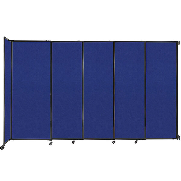 A blue straight wall mounted room divider with black metal frame.