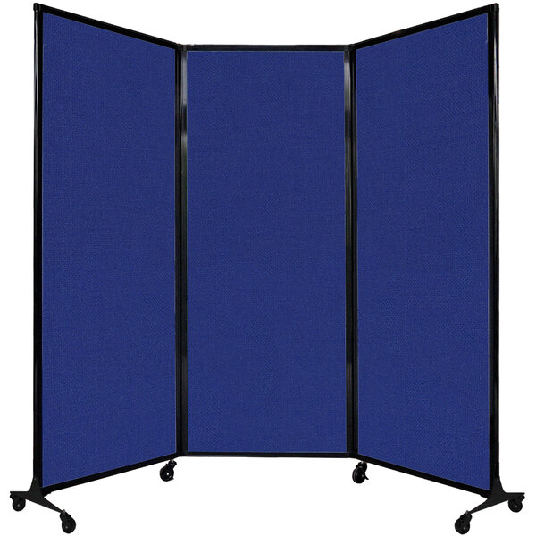 A Royal Blue Versare Quick-Wall folding room divider on wheels.