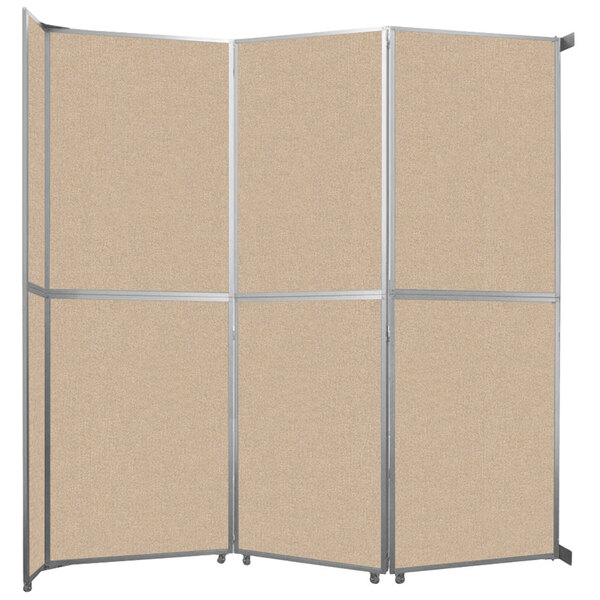 A Versare beige fabric room divider with four panels.
