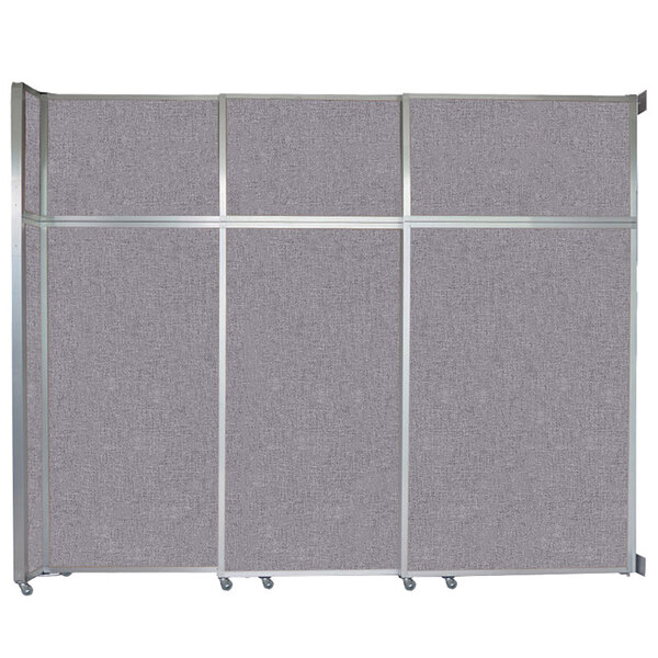 A grey room divider with metal frame and silver trim.