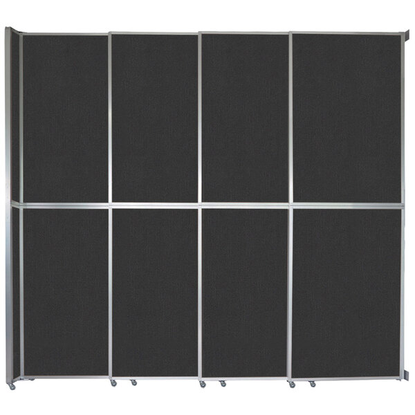 A black rectangular Versare sliding room divider with silver metal trim.