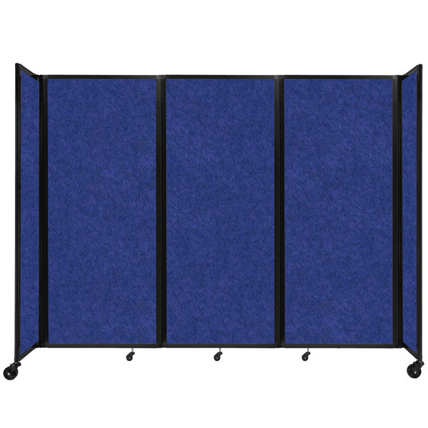 A blue Versare SoundSorb folding room divider with black trim and four wheels.