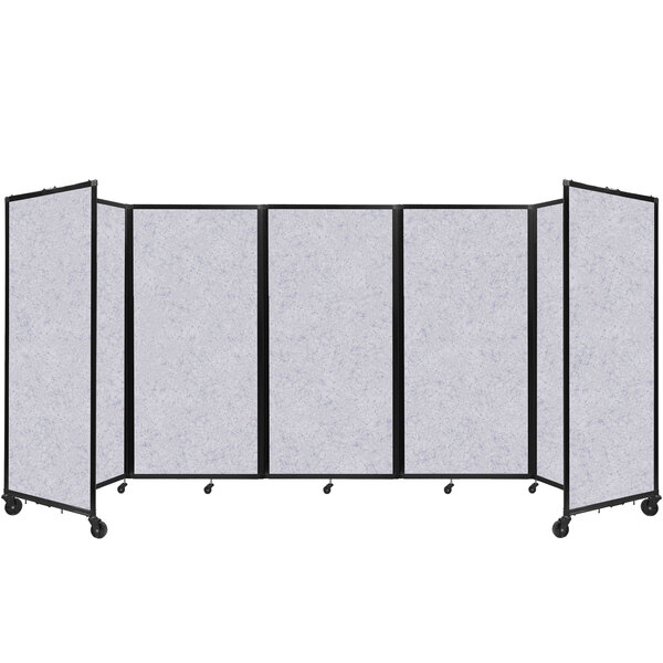 A Versare marble gray SoundSorb folding room divider with four panels.