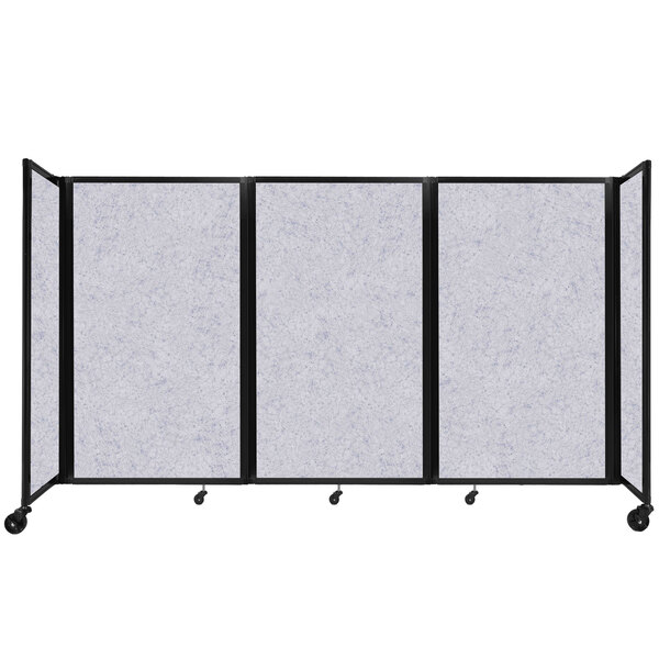 A Versare marble gray SoundSorb folding room divider with black frame on wheels.