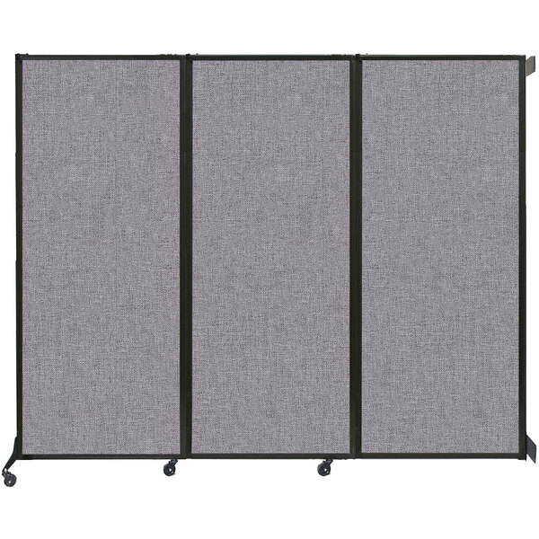 A Versare Cloud Gray wall-mounted folding room divider with black frame.