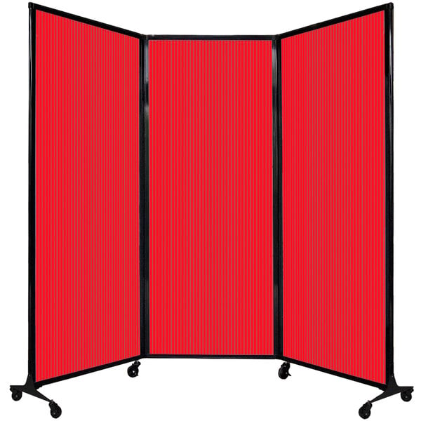 A red Versare Quick-Wall folding room divider with black trim.