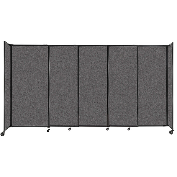 A Versare charcoal gray StraightWall sliding room divider with wheels.