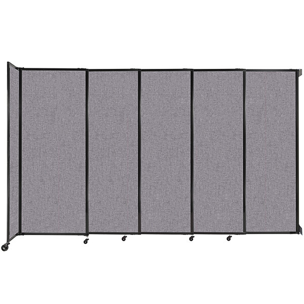 A Versare Cloud Gray wall-mounted sliding room divider with black metal frame.