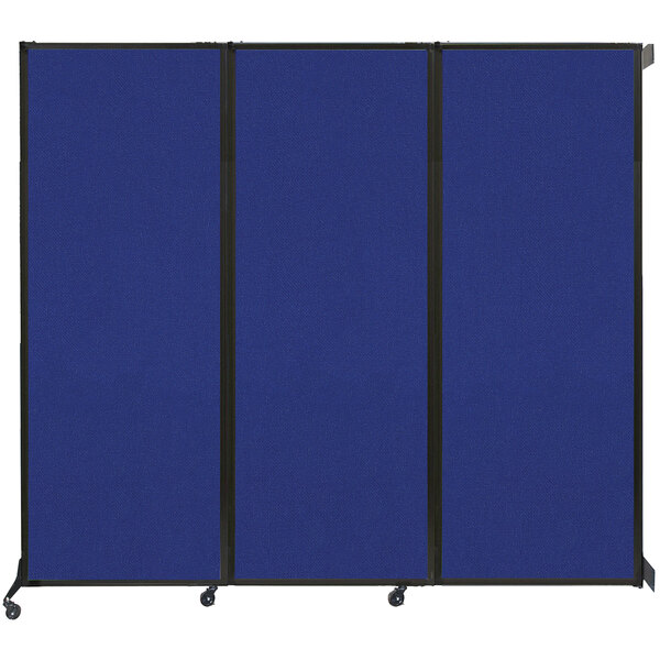 A blue Versare wall-mounted folding room divider with black trim.