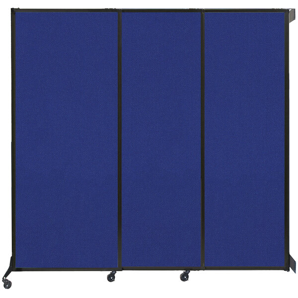 A Versare Royal Blue wall-mounted sliding room divider with black trim.