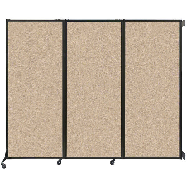 A Versare wall-mounted room divider with a tan fabric panel.
