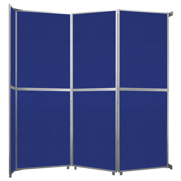 A blue Versare operable wall room divider with silver trim on metal legs.