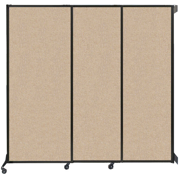 A Versare beige wall-mounted sliding room divider with tan fabric panels.