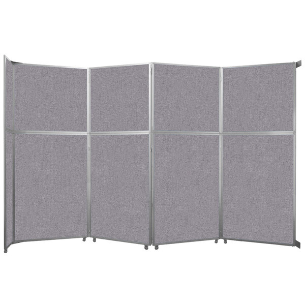 A Versare operable wall room divider with gray fabric panels and a silver metal frame.