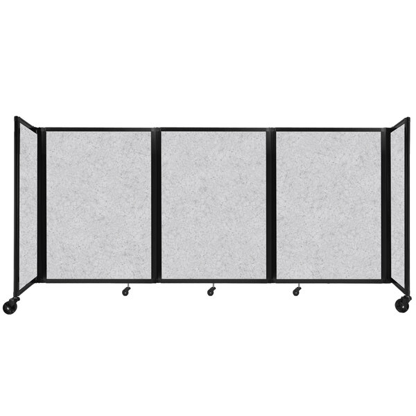 A Versare marble gray SoundSorb folding room divider with wheels.