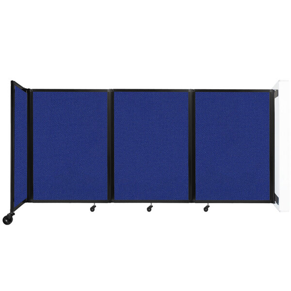 A blue Versare wall-mounted room divider with four panels.