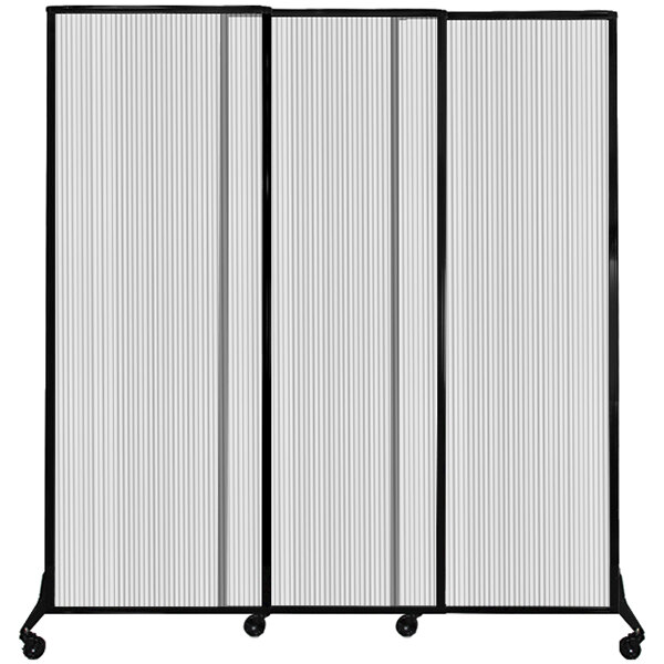 A clear poly room divider with three sliding screens on wheels.