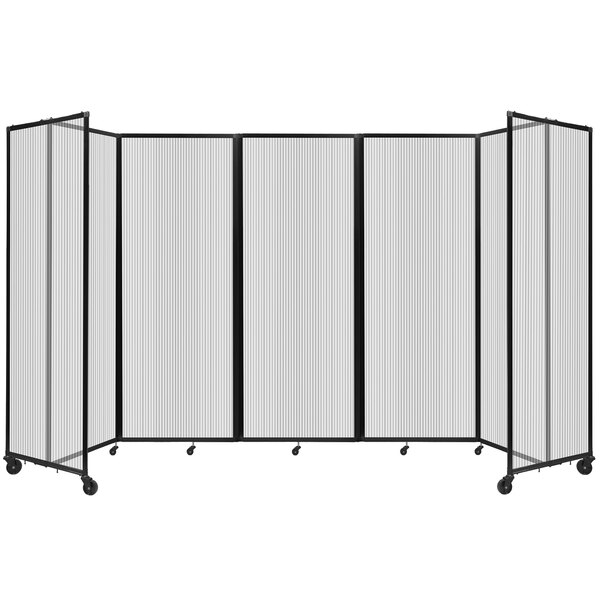 A clear polycarbonate room divider with a black frame.