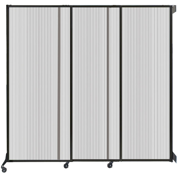 A clear poly wall-mounted sliding room divider with black and white panels.