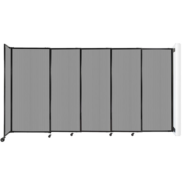 A light gray Versare wall-mounted sliding room divider with black metal frame.
