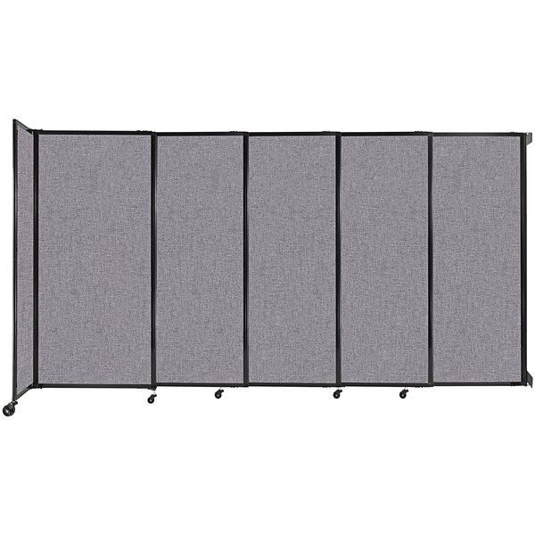 A Versare Cloud Gray wall-mounted sliding room divider with wheels.