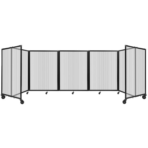 A clear polycarbonate Versare room divider with black frames.