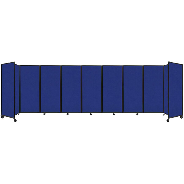 A Versare Royal Blue Foldable Room Divider with black trim on the panels.