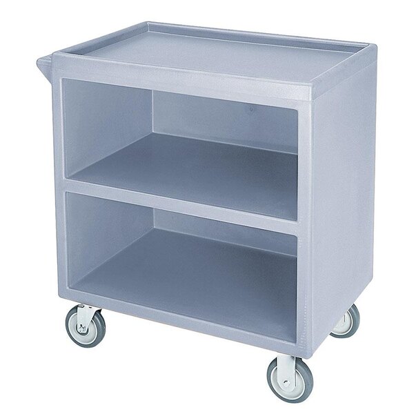A slate blue Cambro utility cart with wheels.