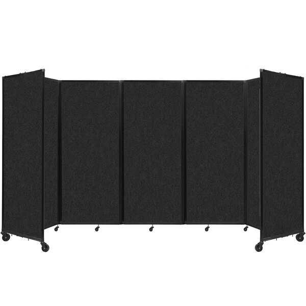 A black rectangular Versare SoundSorb folding room divider on wheels.