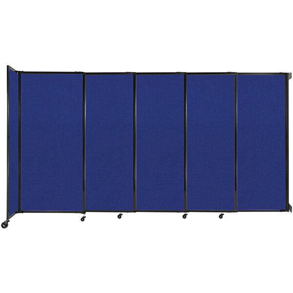A blue rectangular Versare StraightWall room divider with black trim.