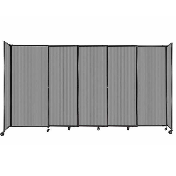 A light gray Versare room divider with black metal frame.