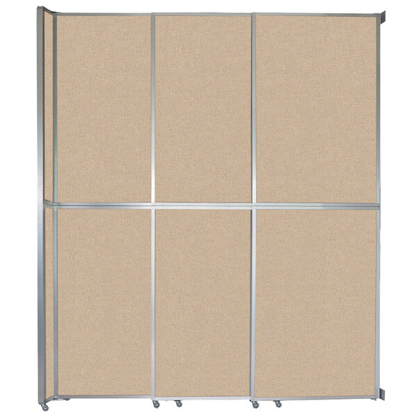A Versare beige fabric room divider with beige fabric panels.