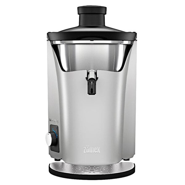 A silver Zumex Multifruit juice extractor with a black lid.
