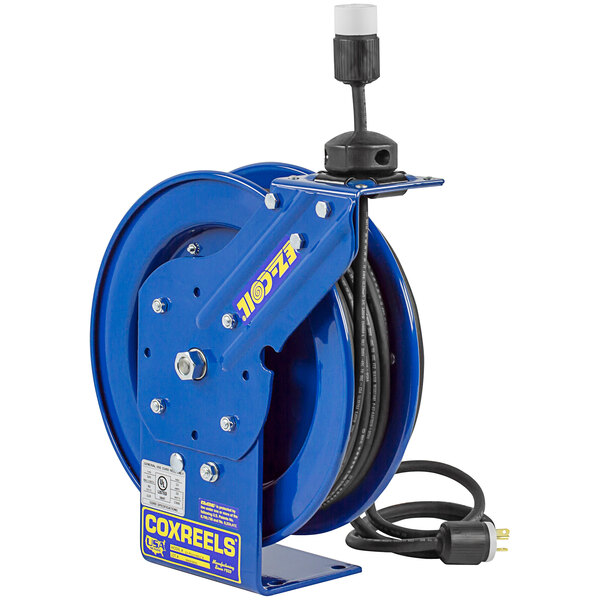 A blue metal Coxreels cord reel with black cord and plug.