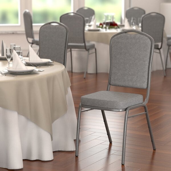 Lancaster Table & Seating Gray Fabric Crown Back Stackable Banquet Chair with Silver Vein Frame