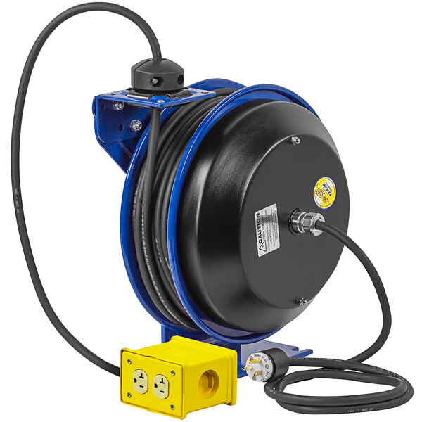 A black and blue Coxreels electric cord reel with a yellow cord and yellow quad receptacle box.