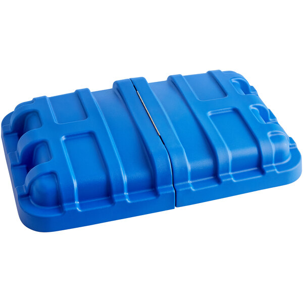 A blue plastic lid for a Lavex cube truck.