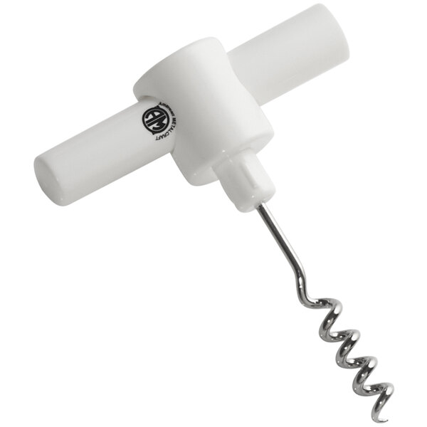 A white plastic pocket corkscrew with a metal spiral.